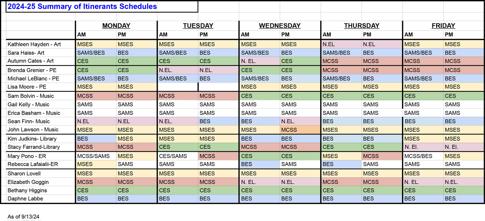 Itinerant Schedule